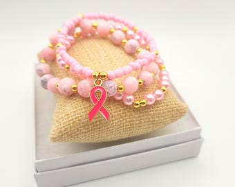 Pink Breast Cancer Awareness Bracelet: Strong/Fighter, Survivor Gift