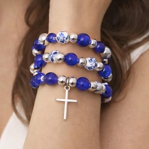 Blue Floral Ceramic Bracelet with Cross Charm, Christian Jewelry