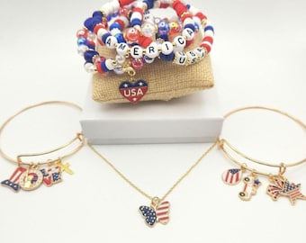 Red, White, and Blue Jewelry, Patriotic Bracelets, Patriotic Necklaces, Memorial Day Jewelry, 4th of July Jewelry