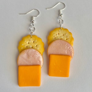 Ham Cheese Cracker Earrings |  Hypoallergenic 925 Sterling Silver Polymer Clay Snack Food Earring Lunchables Gift Gifts for Her Handmade