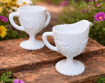 Vintage Westmoreland Milk Glass Creamer and Sugar Set | Paneled Grape Decor