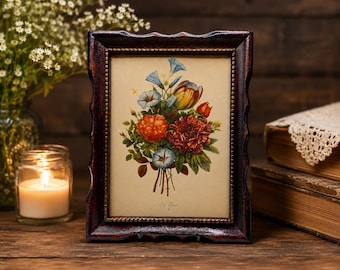 Vintage Floral Framed Print | Botanical Wall Art | Scalloped Wood Frame | Cottagecore Decor | Rustic Farmhouse Accent | Tabletop Easel