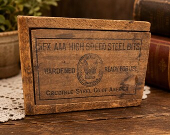 Vintage REX AAA High Speed Steel Bits Wooden Slide-Top Box | Crucible Steel Co. of America | Rustic Industrial Tool Box