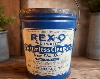 Antique REX-O Waterless Cleanser Tin Bucket | Vintage Blue Advertising Pail | Chicago Primitive Farmhouse Decor
