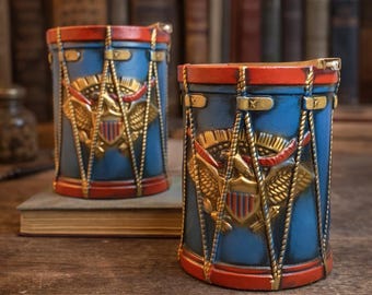 Fourth of July Decor-Summer decor-Patriotic Vintage Lego Drum Bookends | Mid-Century Patriotic Bookends