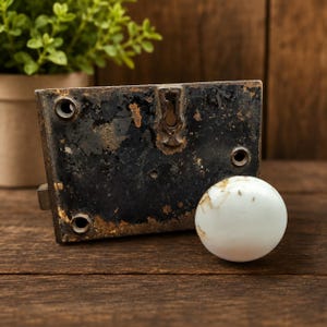 Pomo de puerta y cerradura de embutir de porcelana antigua – Pieza arquitectónica vintage recuperada