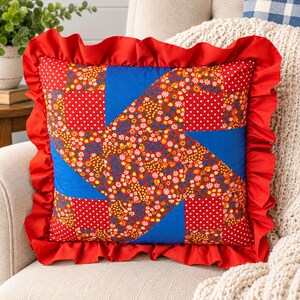 Vintage Handmade Patchwork Throw Pillow – Cottagecore Farmhouse Decor, Retro Floral Diamond Applique Pillow