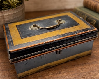 Antique Victorian Japanned Metal Lock Box | English Document Box | Black & Gold Deed Box | c. 1880–1910