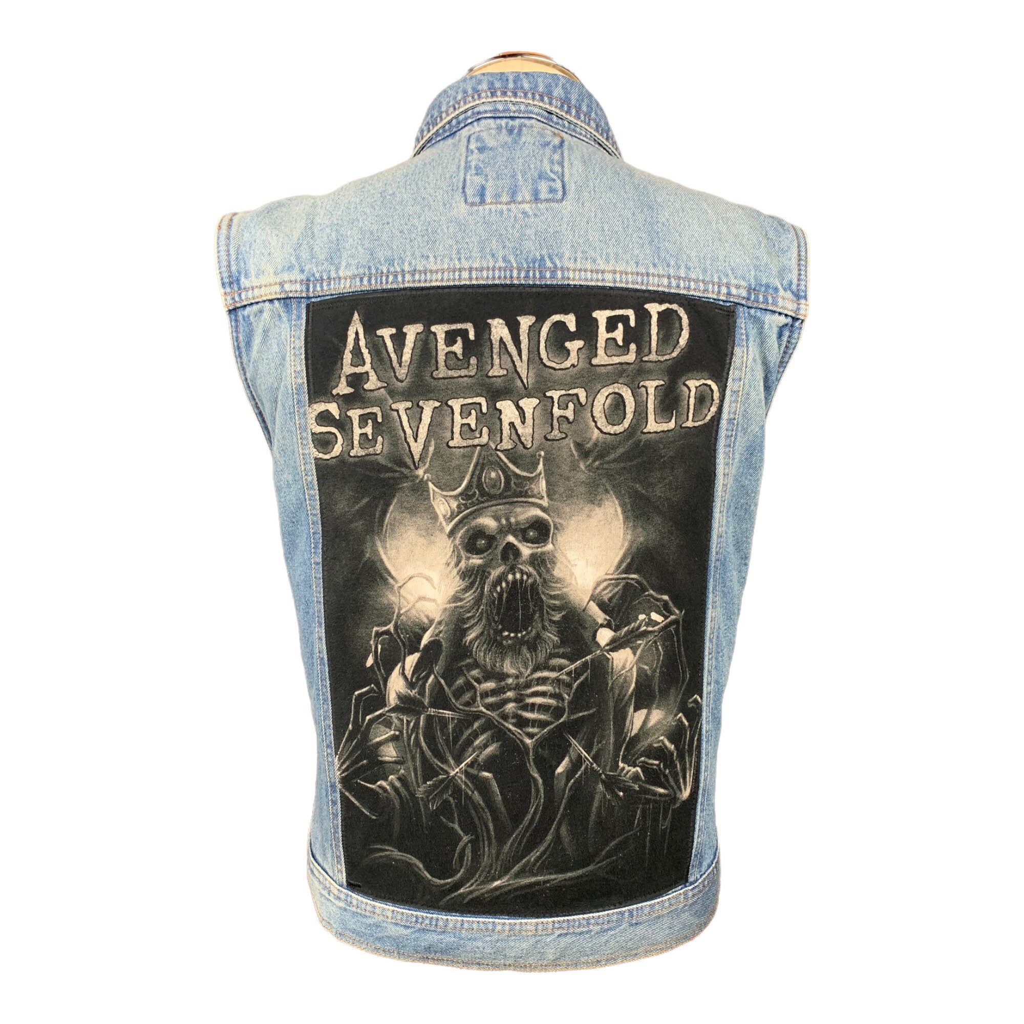 Upcycled Avenged Sevenfold Back Patch Denim Vest Custom Heavy Metal Rock Band Jean Vest L