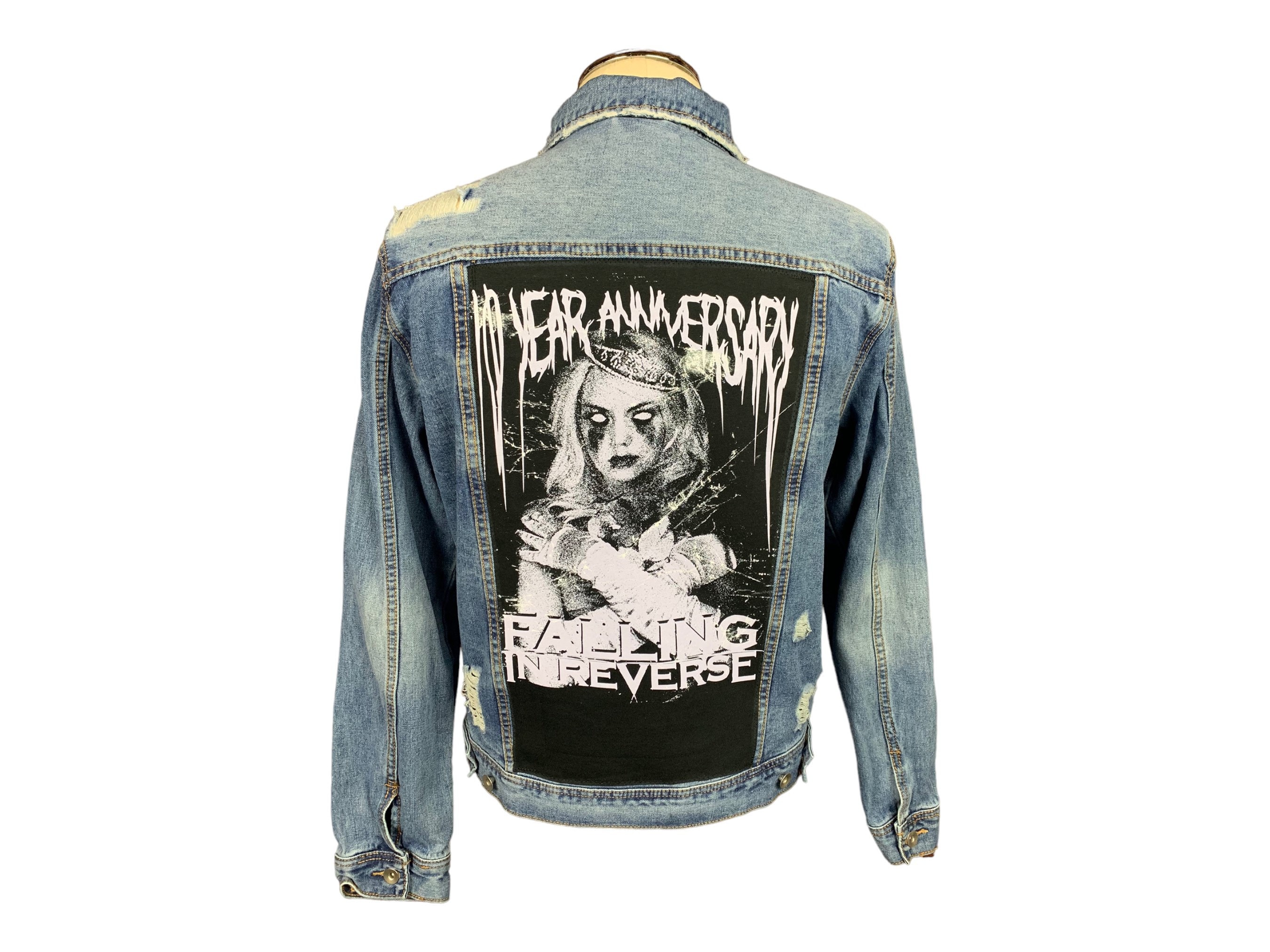 Falling in Reverse back patch denim jacket custom Upcycled sustainable heavy metal hard rock jean jacket large