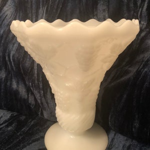Vintage Anchor Hocking White Milk Glass Vase Grape and Grape Leaf Pattern Vase
