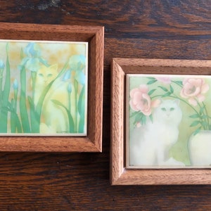 Set of 2 Vintage Kimberly Enterprises Vintage Art Tiles Cats and Flowers