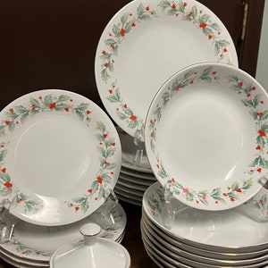 Vintage China Pearl Noel (Black Back Stamp) Dinner Plates Salad Plates Soups Bowls Sugar Bowl Christmas Holly and Berries