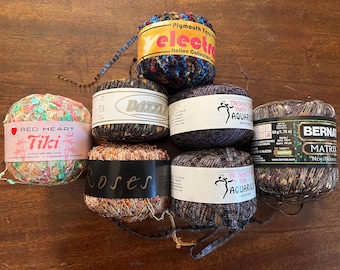 Lot of 7 Vintage Ladder Ribbon Trendsetter Yarns, Plymouth Yarn, Red Heart, Bernat, Karabella Yarns, and Dazzle brands