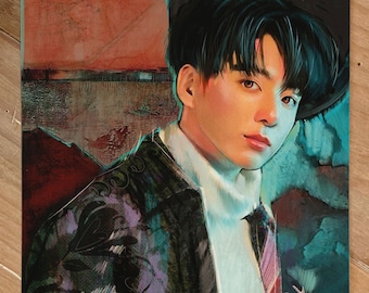 May include: A painting of a person with dark hair and a black jacket with a floral pattern. The person is wearing a white turtleneck sweater and a red tie. The background is a dark blue and green color with a red and orange color in the upper right corner. The painting is signed "APJ" in the lower left corner. The text "준비 완료" is written in Korean in the lower right corner.