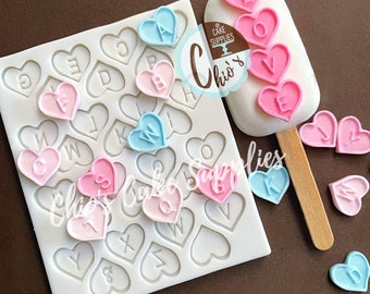 Hearts Alphabet Silicone Mold, 28 cavities