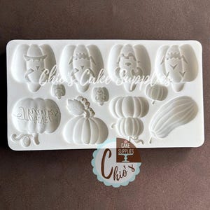May include: A white silicone mold featuring various pumpkin designs, including jack-o'-lantern faces, stacked pumpkins, and a gourd. The mold is labeled with the text "Chio's Cake Supplies".
