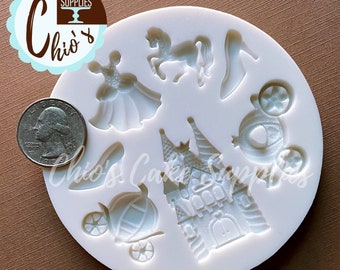 Princess / Cinderella  Themed Silicone Mold. Castle, dress, horse, carriages, shoes, cavities