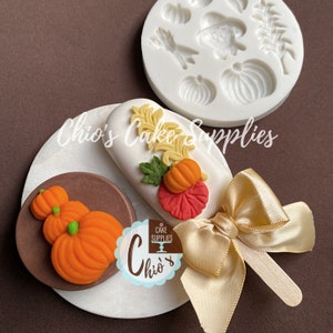 May include: A white chocolate dipped cake pop decorated with fondant pumpkins, leaves, and wheat. The cake pop is tied with a gold ribbon and is on a white marble surface. There is a silicone mould with pumpkin and leaf shapes in the background. The text "Chio's Cake Supplies" is visible on the image.