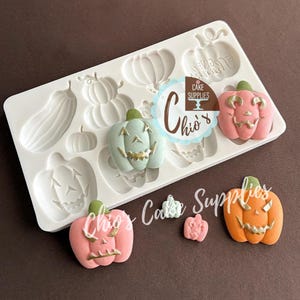 May include: A white silicone mold with various pumpkin shapes and several finished, colorful pumpkin decorations. The pumpkins are in shades of pink, orange, and green, with gold accents. The mold has the text "Chio's Cake Supplies".