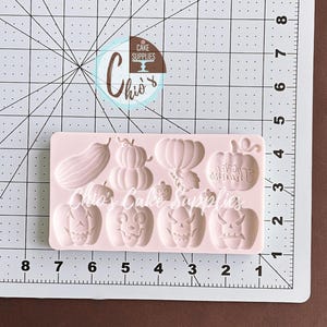 May include: A light pink silicone mold featuring various Halloween-themed shapes. The mold includes pumpkins, a gourd, and the text "GIVE THANKS". The mold is placed on a white and black grid with inch measurements.