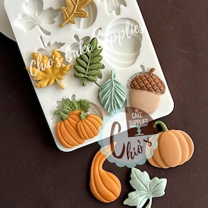 May include: A white silicone mould featuring autumn-themed shapes: leaves, pumpkins, and an acorn. The shapes are in shades of yellow, green, and orange. The text "Chio's Cake Supplies" is visible.