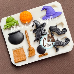 Witch/ Halloween Themed Silicone Mold. Witch head, shoes, broom, hat.