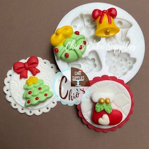 Christmas themed silicone mold. Christmas tree, bells, wreath, stocking.