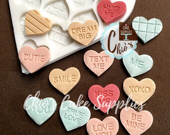 Conversation Hearts / Hearts with Words /Valentine's Day Silicone Mold, 14 cavities