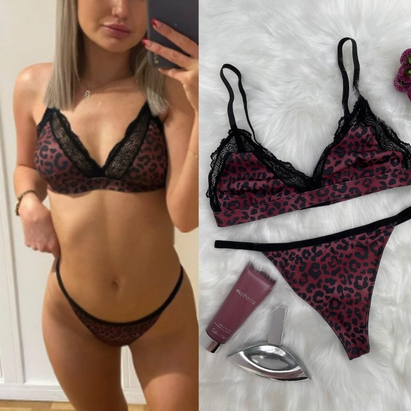 Sateen Bralette and High Leg Thong Lingerie Set for Her, Smooth Satin Triangle Bra with Free Knicker, Gift for Women, Cute Cheeky Underwear