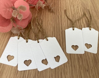 Miniature white gift tags with cut out heart and jute string/Wedding Tags/Blank present labels/Birthday tags