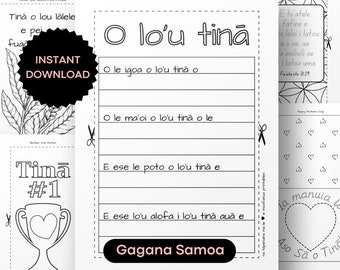 Activités Gagana Samoa - Fête des mères (Aso Sa o Tina) - Cartes de vœux, Signets, Pages à colorier Impression numérique A4 PDF