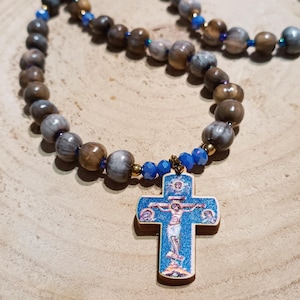 Blue Orthodox prayer rope, wooden blue cross with Mary&#39;s Tears, natural Job&#39;s Tears beaded rosary, Christian prayer beads, faith presents