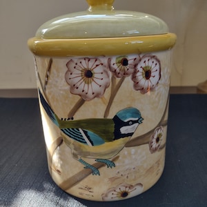 Vtg Blue Sky Clay Blue Bird Floral Yellow Sealing Canister