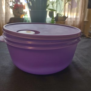 May include: A purple plastic bowl with a matching lid. The bowl has a rounded shape and a handle on the side. The lid has a circular indentation with a white and yellow center. The bowl is sitting on a dark surface.
