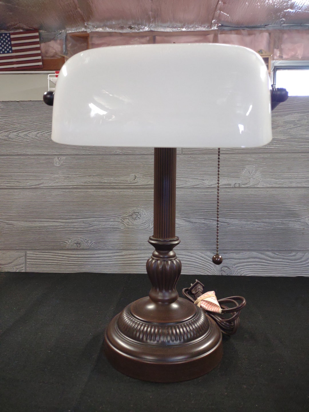 Vtg White Frosted Glass Shade and Brushed Metal Bankers Library Desk