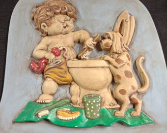 VTG Ceramic 3D Bathroom Wall Hanging Boy and Puppy with Grandpas Dentures