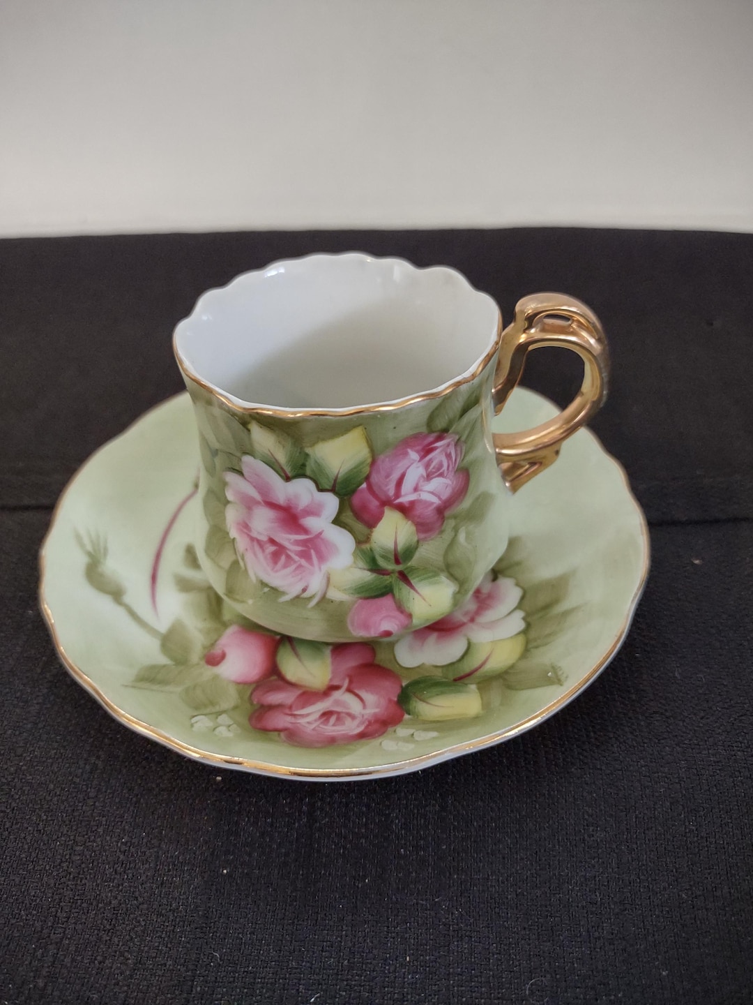 Vtg Lefton China Green Heritage Roses With Gold Trim Tea Cup and Saucer ...