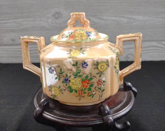 Vtg Trico Lusterware Sugar Dish Floral Handpainted