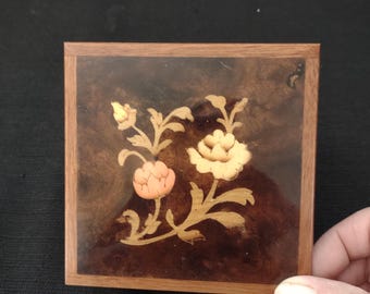 Vtg Italian Lacquered Inlaid Wood Floral Design Jewelry Trinket Box