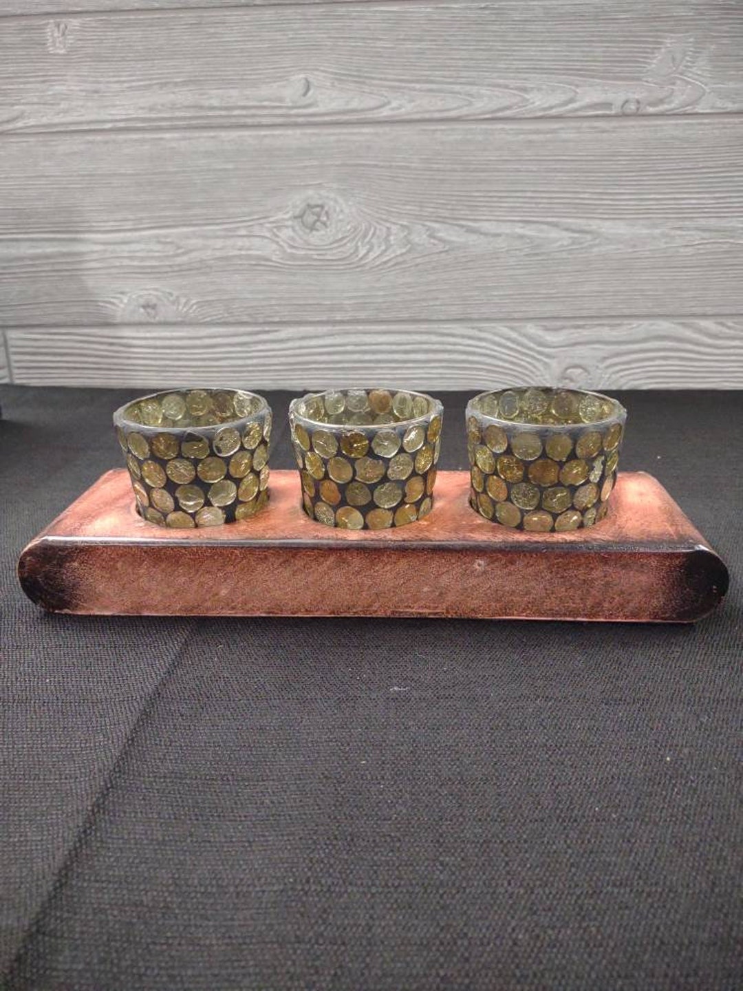 Vtg Kirkland's Accents Mosaic Mirrored Votive Holders Set With Metal Faux Wood Base Etsy