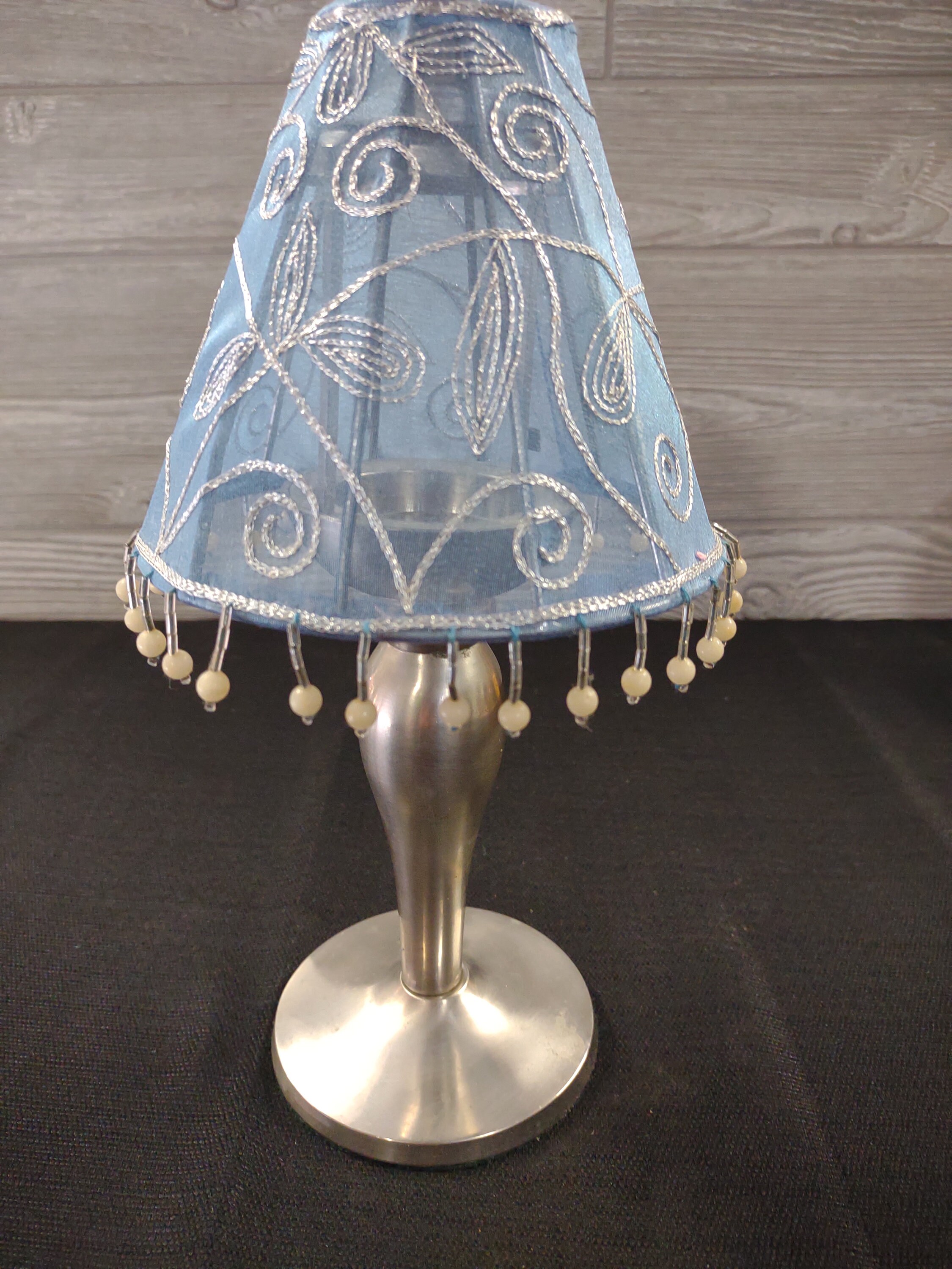 Party lite Heavy Metal Fairy Lamp Satin Beaded Blue Shade Embroidery Tealite