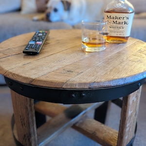Oak Side Coffee Table made from a oak bourbon whisky barrel lid