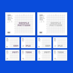 May include: A set of cross-stitch pattern sheets against a blue backdrop. The sheets display grid patterns and the words "SAMPLE PATTERN". The colour scheme is mainly black and white, with some text in a light purple colour.