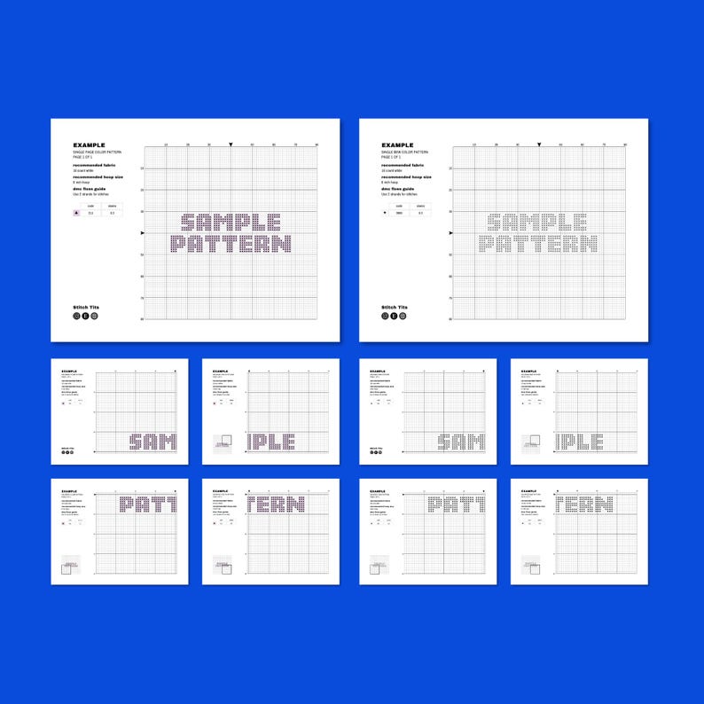 May include: A set of cross-stitch pattern sheets against a blue backdrop. The sheets display grid patterns and the words "SAMPLE PATTERN". The colour scheme is mainly black and white, with some text in a light purple colour.