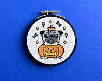 Pug Pumpkin Halloween Cross Stitch Pattern
