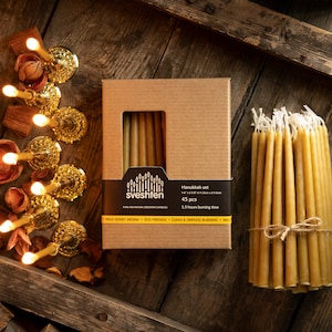 Hanukkah Candles of Natural Beeswax, 45 candles for all 8 nights, 6&quot; / 15cm