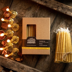 Hanukkah Candles of Natural Beeswax, 45 candles for all 8 nights, small 5" / 13cm