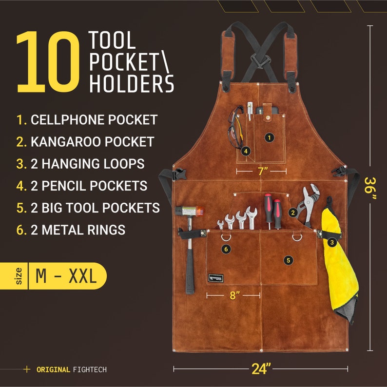 May include: A brown leather apron with multiple pockets and tool holders. Features include a cellphone pocket, kangaroo pocket, hanging loops, pencil pockets, big tool pockets, and metal rings. The apron is 24 inches wide and 36 inches long.
