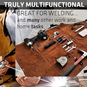 May include: Brown leather work apron with multiple pockets, holding tools like a drill, wrenches, and a hammer. The text reads "TRULY MULTIFUNCTIONAL GREAT FOR WELDING... and many other work and home tasks."